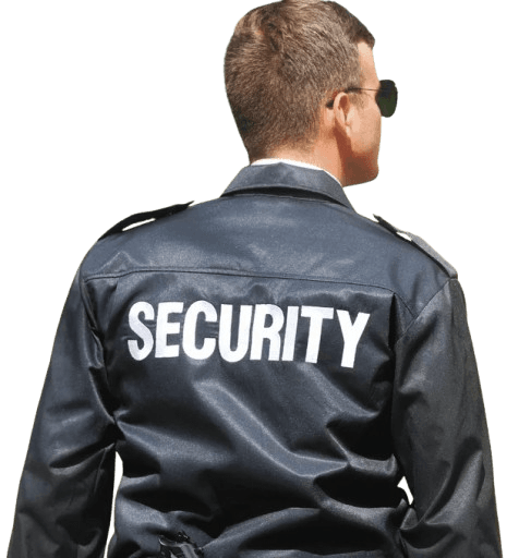 Security guard in a black uniform jacket