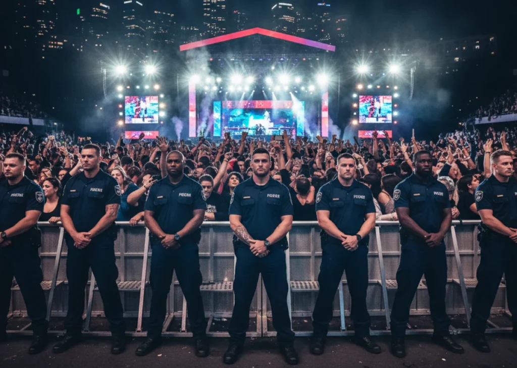 Security guards standing at a crowd control barrier