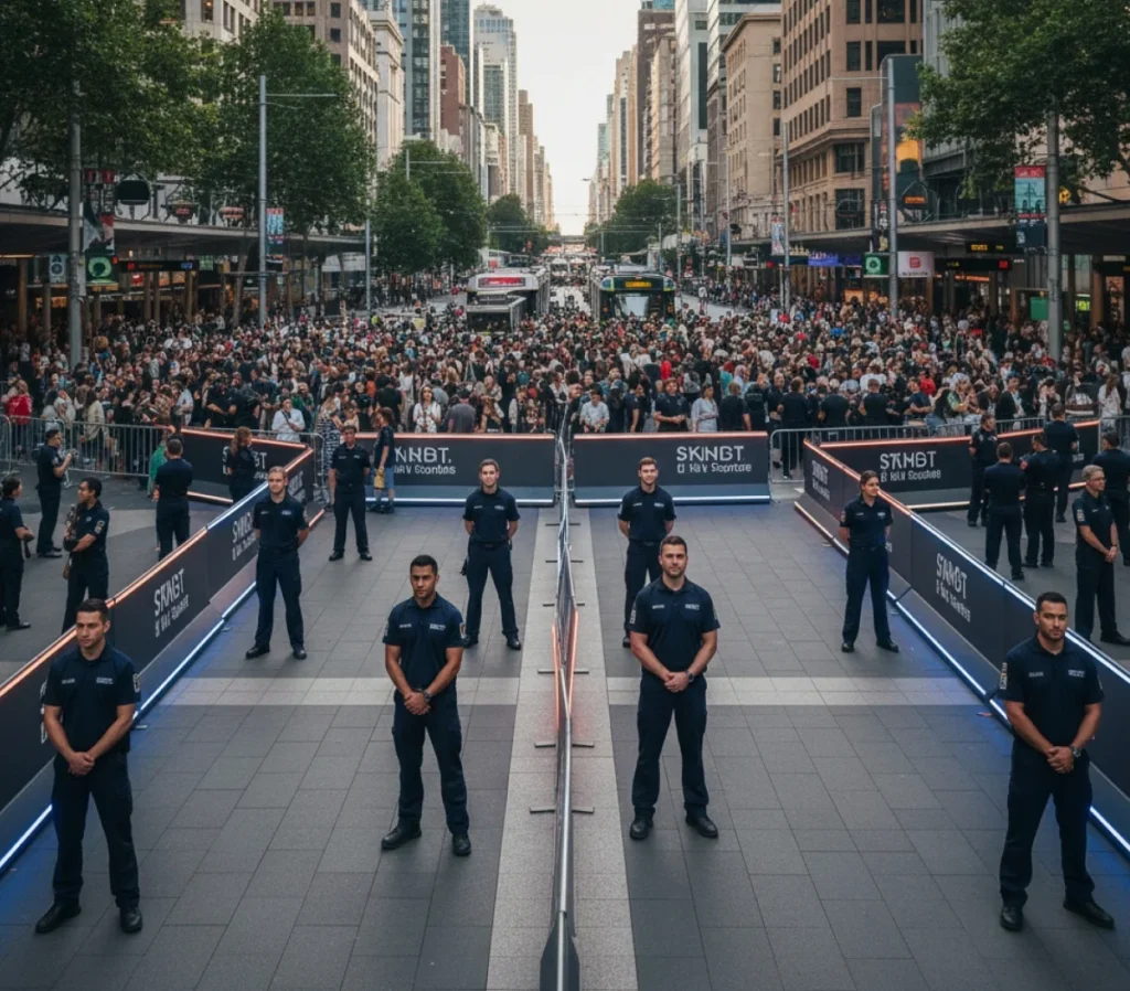 Security guards positioned symmetrically at crowd control barriers